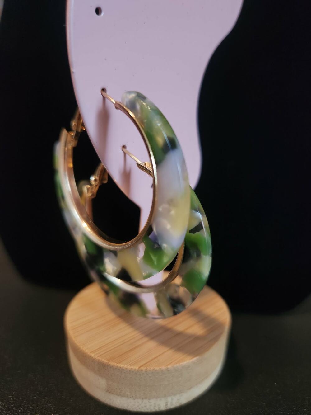 Green Marbled Acrylic Hoop Earrings With Gold Tone Hardware